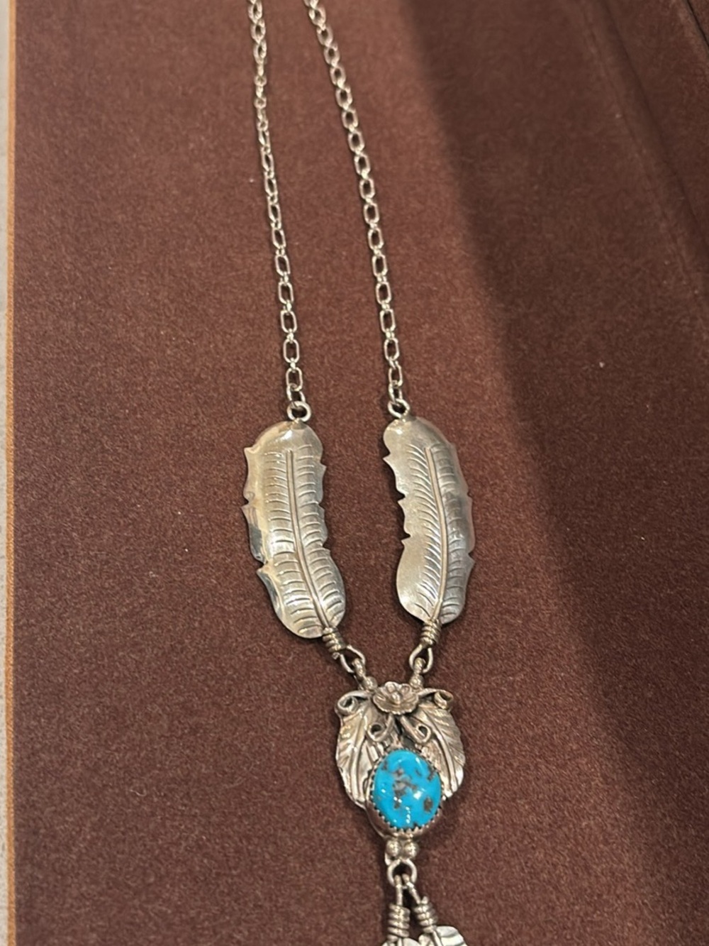 Sterling Silver Feather Necklace with Turquoise Pendant